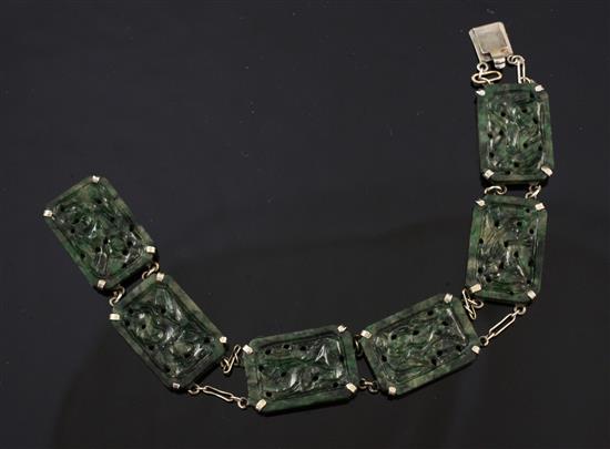 A white metal and jadeite bracelet, 6.75in.